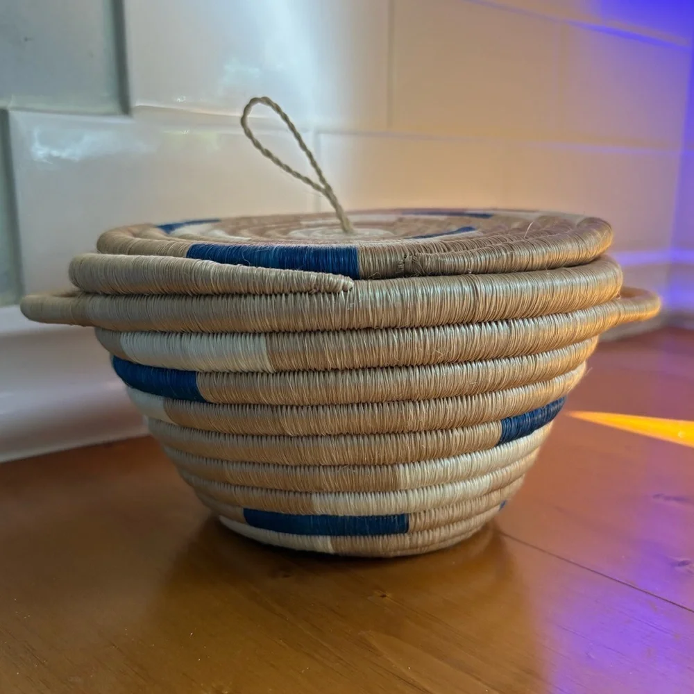 Handwoven Rwandan Lidded Basket Blue & Natural Fair Trade Storage Basket